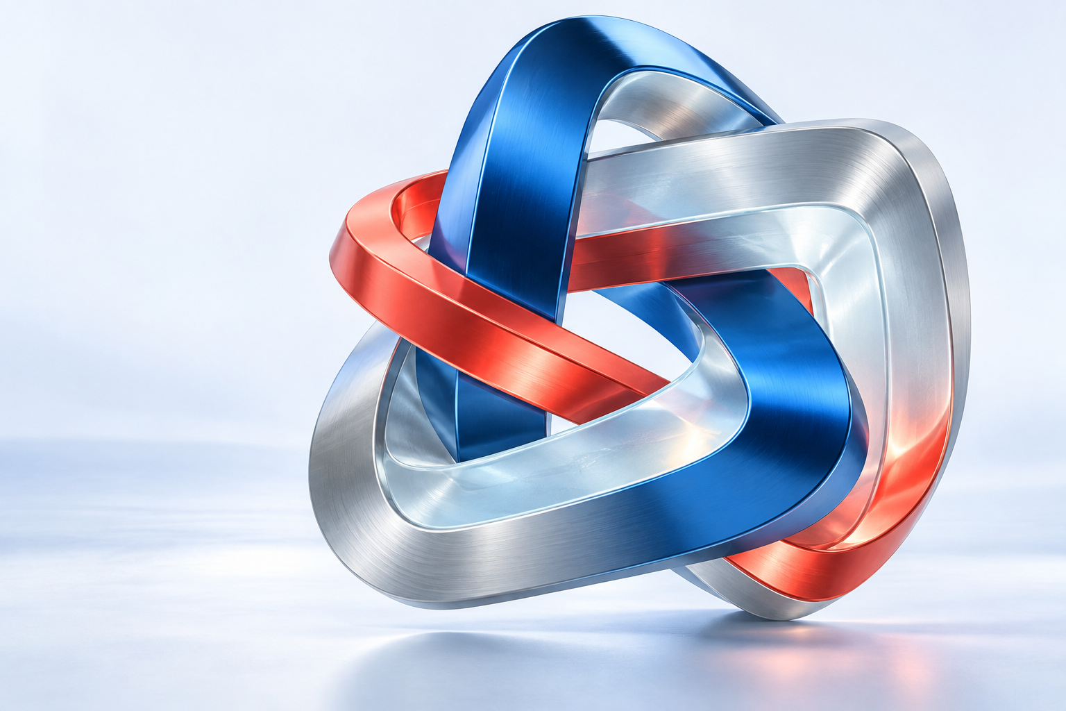 Interwoven blue, silver and coral ribbons forming a single connected sculpture